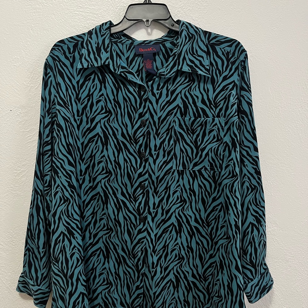 Denim&Co 80’s Zebra Print Button-Up Collar Shirt